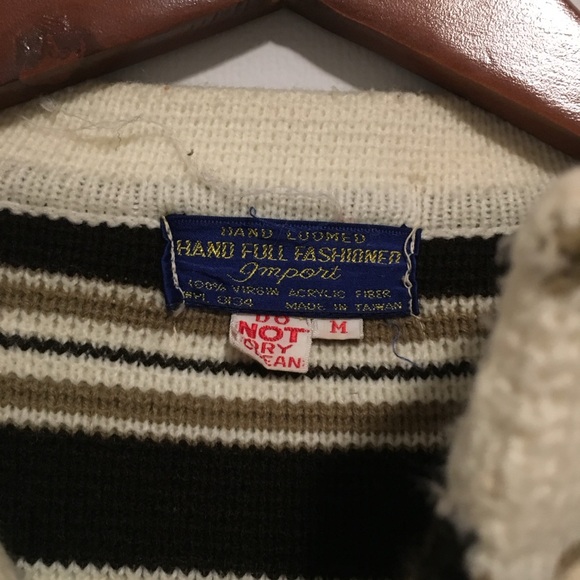 Hand loomed virgin acrylic Striped Button Cardigan Sweater Neutral Black Tan M - Picture 3 of 4